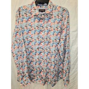 Travel Passport Stamp Print Button Down, Statement Shirt, L, Johnston & Murphy